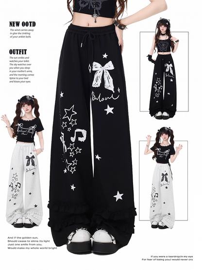 Black/Light Gray Bow and Star Print Vintage Wide-Leg Pants