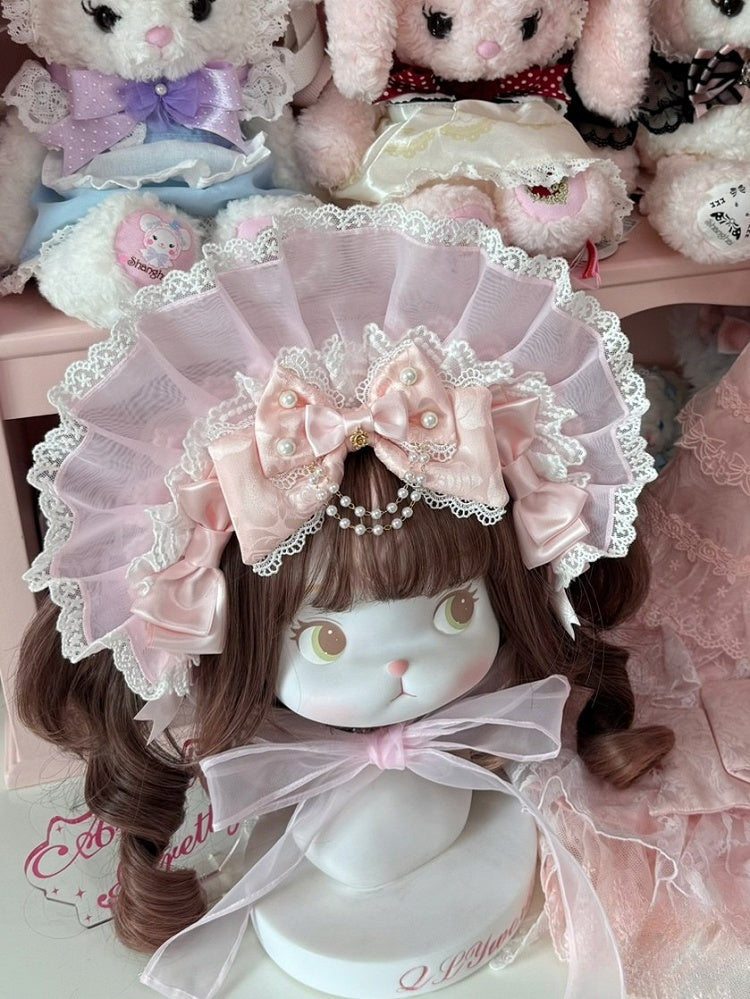 3 Color Options Lace Trim Bonnet + Beaded Charm Bowknot Brooch + Dual Bowknot Brooch Set