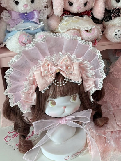 3 Color Options Lace Trim Bonnet + Beaded Charm Bowknot Brooch + Dual Bowknot Brooch Set