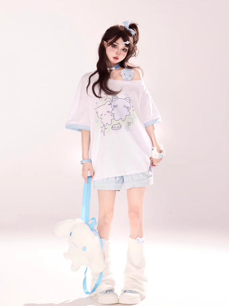 Kitty Paw Embroidery Pink/Blue/Black Elastic Waist Shorts