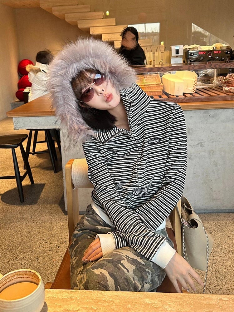 Black & White Striped Hoodie with Plush Fur Hood