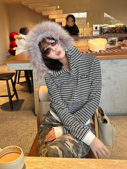 Black & White Striped Hoodie with Plush Fur Hood