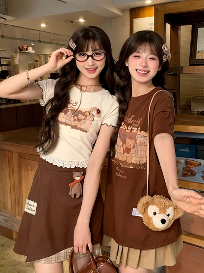 Adorable Teddy Bear Print Brown Round Neck Loose T-shirt with Mushroom Plushie