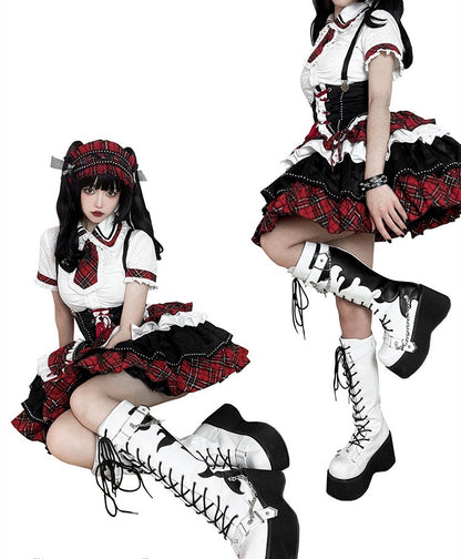 White and Black Punk Goth Platform Boots Spike Studs Chains Knee-high Boots