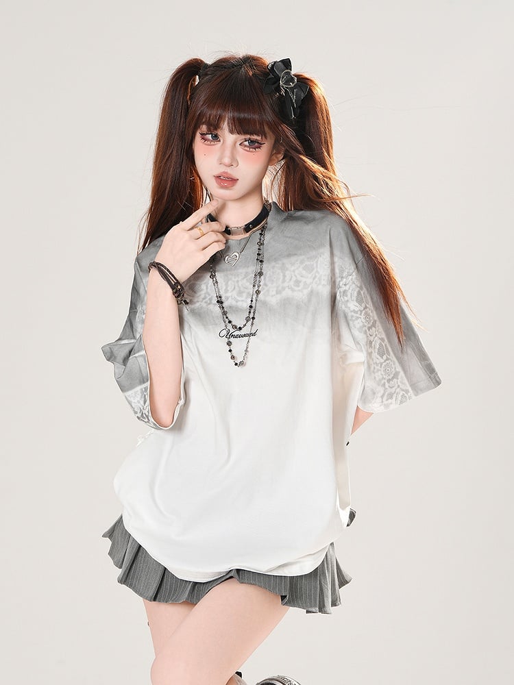 Gradient Black/White Round Neck Loose T-shirt