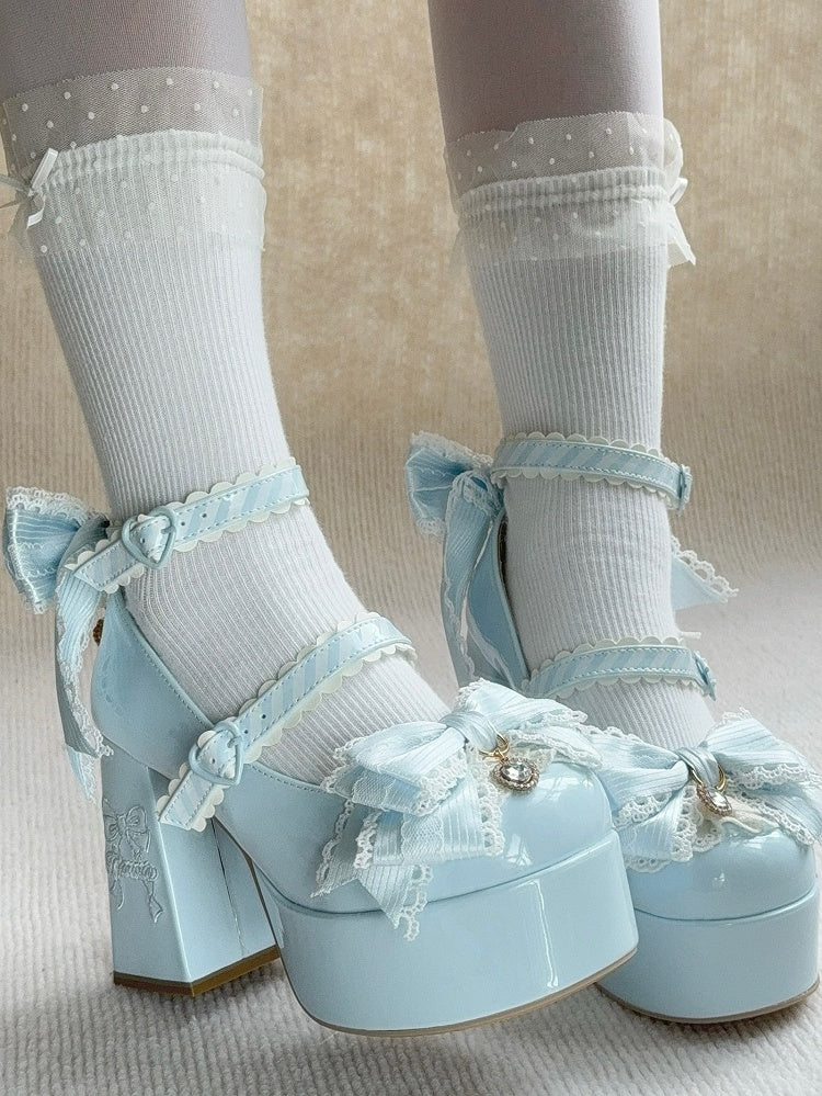 Platform Sophisticated Blue High Block Heels - PU Leather with Heel Stitching Bow, Sparkling Details & Striped Straps