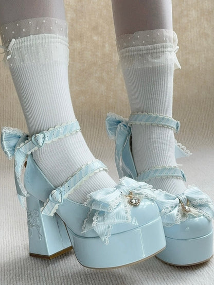 Platform Sophisticated Blue High Block Heels - PU Leather with Heel Stitching Bow, Sparkling Details & Striped Straps