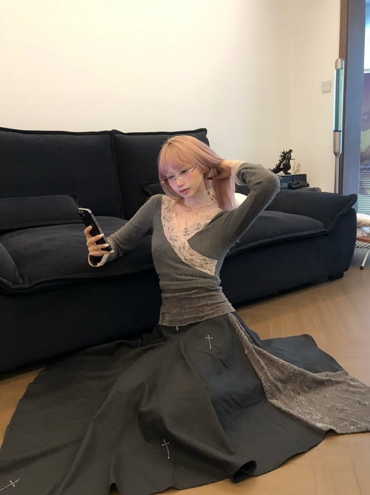 Gray & Pink Lace Trim Crossover Long Sleeve Top