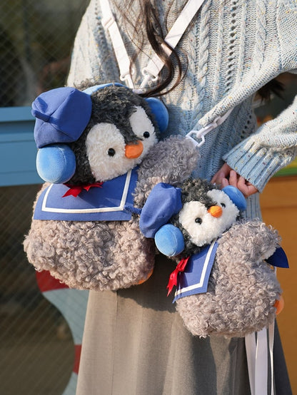 Gray Cute Penguin Plush Backpack/Crossbody Bag + Blue Hat + Sailor Collar Middle/Large Size