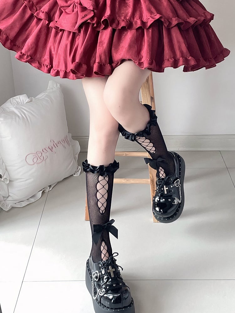 Sweet Lolita Black Semi-sheer Bow Cutout Ruffle Trim Under Knee Stockings