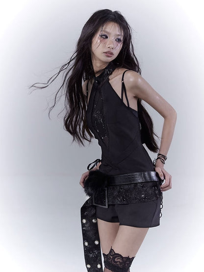 Black Halter Neck Spider Rhinestones Glamorous Jumpsuit with Buckle Belt