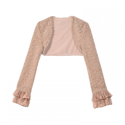 Camel Lace Flounce Cuffs Spring Long Sleeves Cropped Top