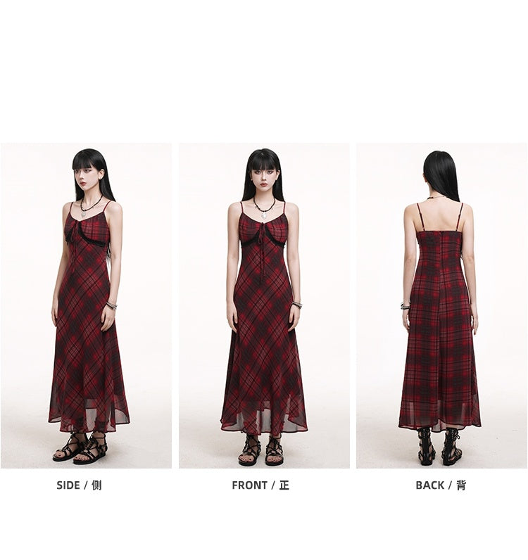 Red & Black Plaid V-neck Self-tie Strap Neckline Cami Dress