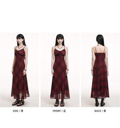 Red & Black Plaid V-neck Self-tie Strap Neckline Cami Dress