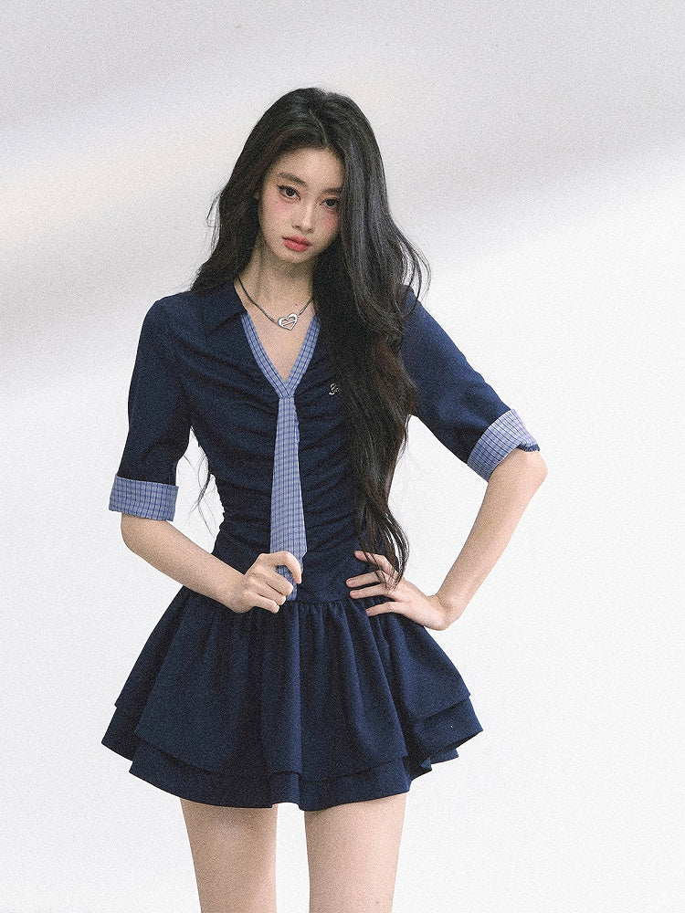 Plaid Tie Design Navy Blue Preppy Style V-neck Mini Dress