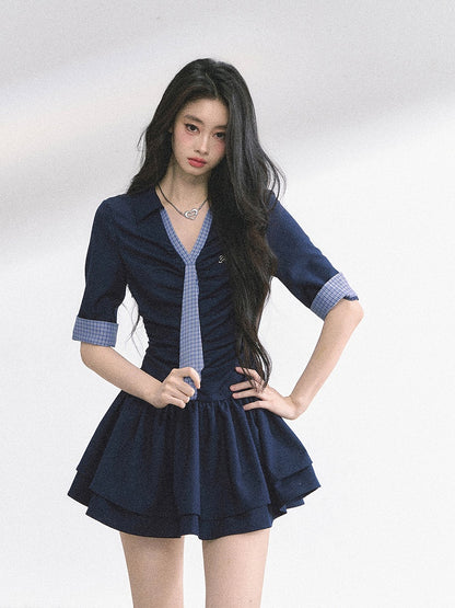 Plaid Tie Design Navy Blue Preppy Style V-neck Mini Dress