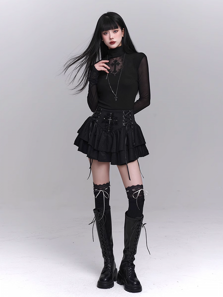 Black Mock Neck Coffin-shaped Cutout Cross Applique Mesh Sleeves Gothic Top