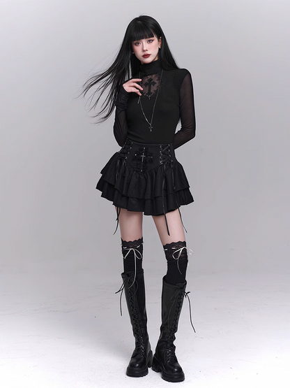 Black Mock Neck Coffin-shaped Cutout Cross Applique Mesh Sleeves Gothic Top