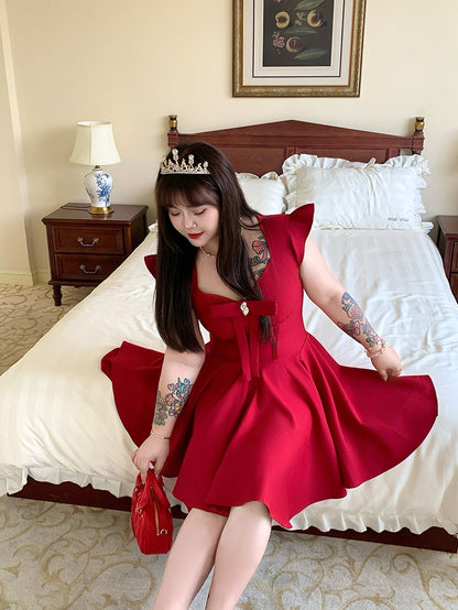 Plus Size V-neck Flutter Sleeves Big Bow Front Red Dress