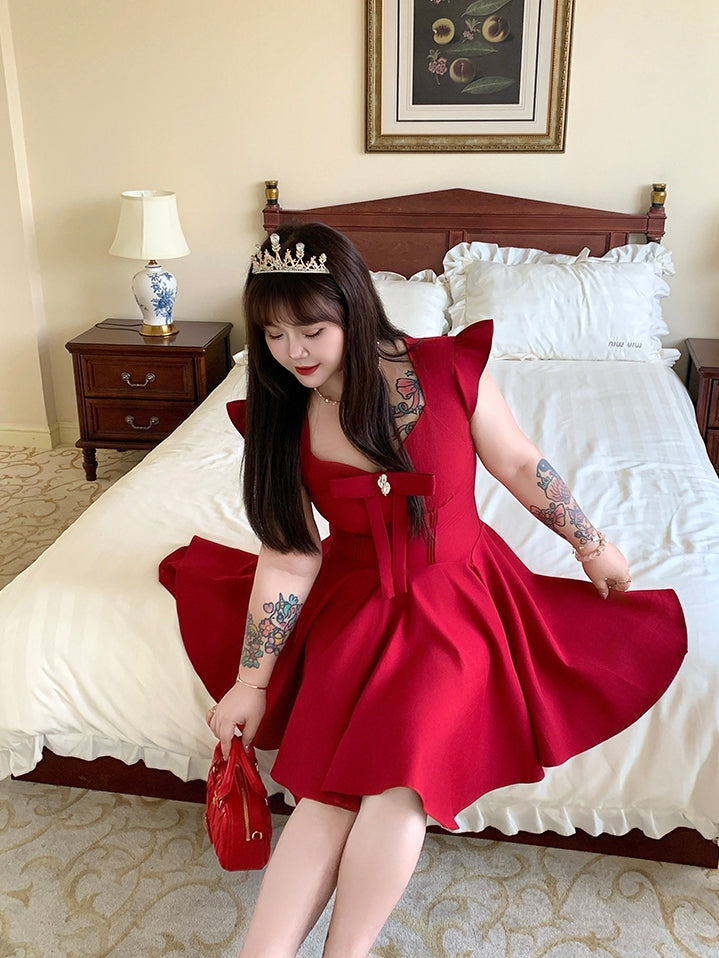Plus Size V-neck Flutter Sleeves Big Bow Front Red Dress