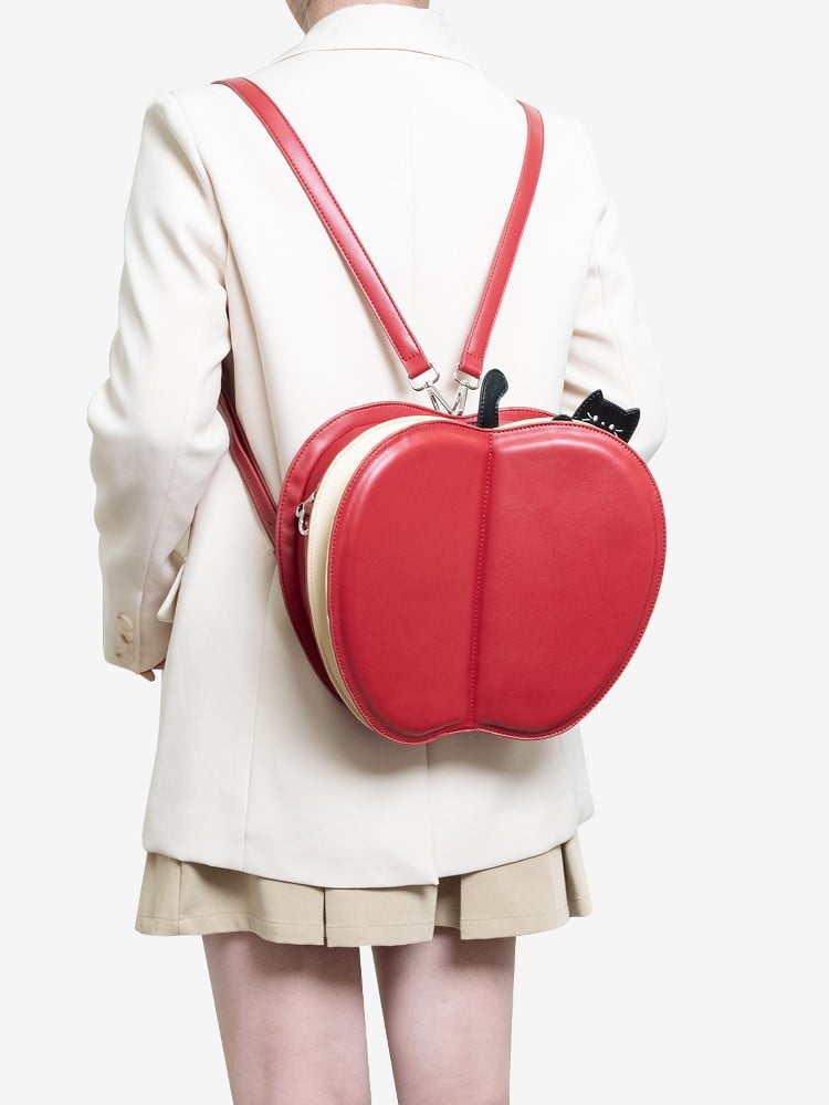 Playful 2-Way Red Apple Flip Backpack With Moon & Star Core And Cat Embroidery