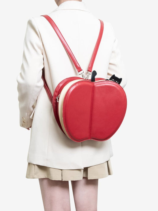 Playful 2-Way Red Apple Flip Backpack With Moon & Star Core And Cat Embroidery