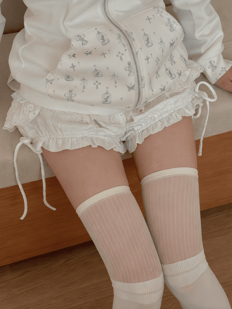 White / Black Stockings with Semi-sheer Vertical Striped Cuff