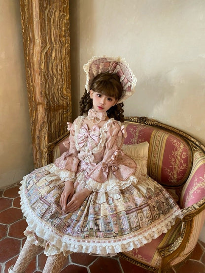 Fairytale Town Theme Pink Square Neckline Sweet Lolita Dress with Bow Accents
