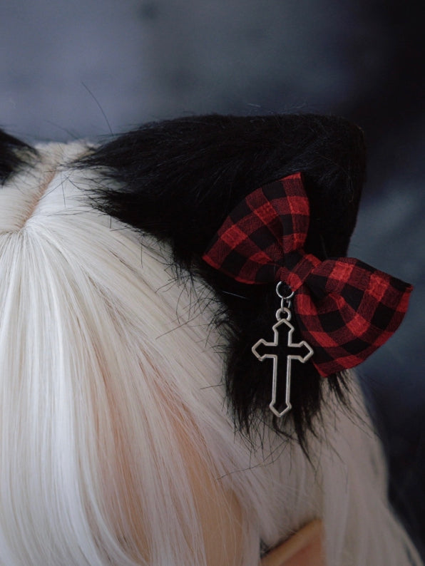 Black Cat Ear With Red Plaid Pattern Bowknot Clip