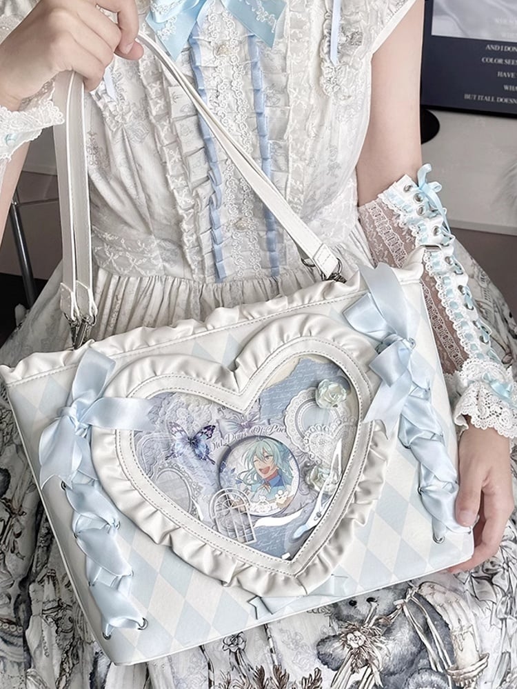 Blue Diamond Pattern Lace-up Design Ruffles Trim Heart PU Tota Ita Bag