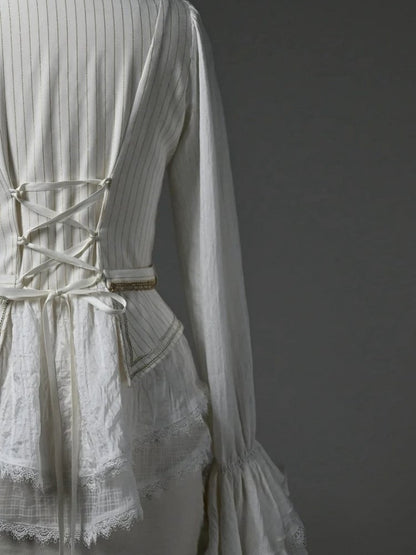 White Jabot Ruffle Neckline Cadcading Ruffle Cuffs Long Sleeves Ouji Lolita Top