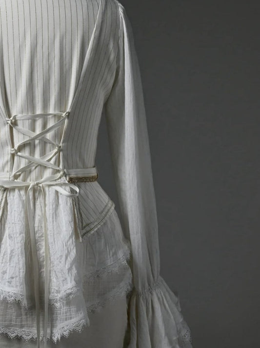 White Jabot Ruffle Neckline Cadcading Ruffle Cuffs Long Sleeves Ouji Lolita Top