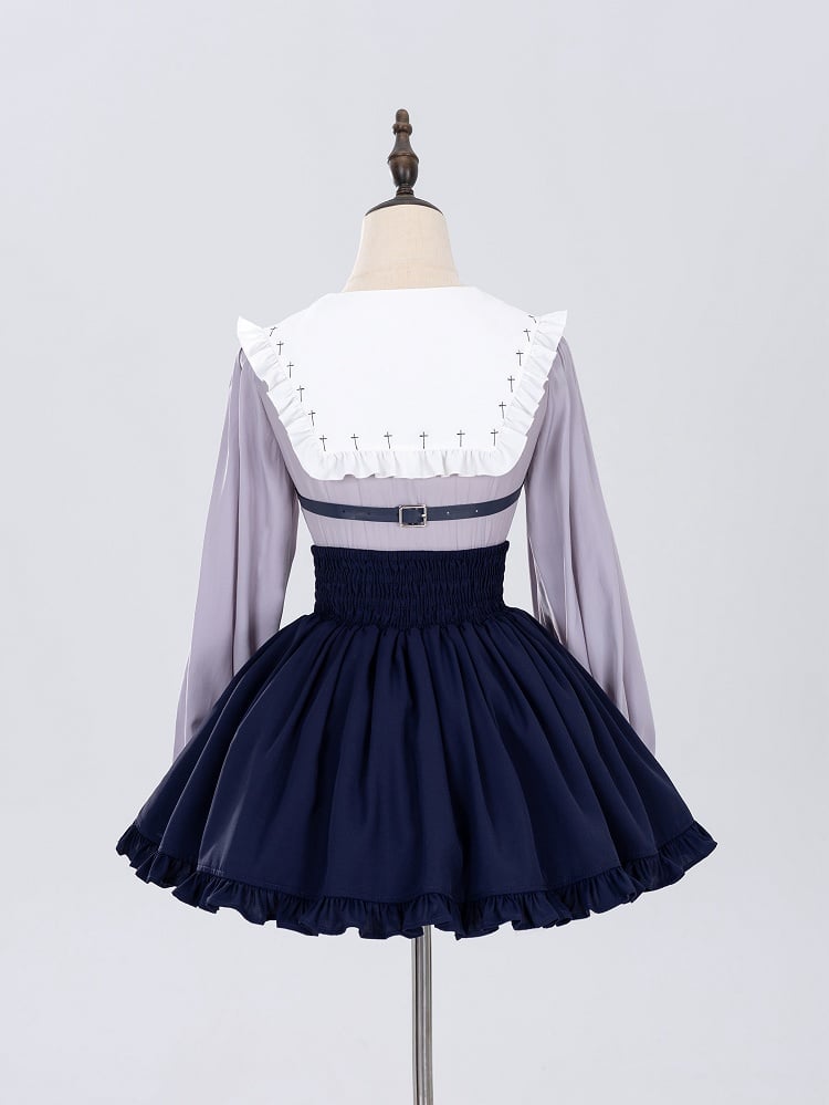 Fanart Fashion Dark Blue Crisscross Heart Buckle Straps High Waist Skirt