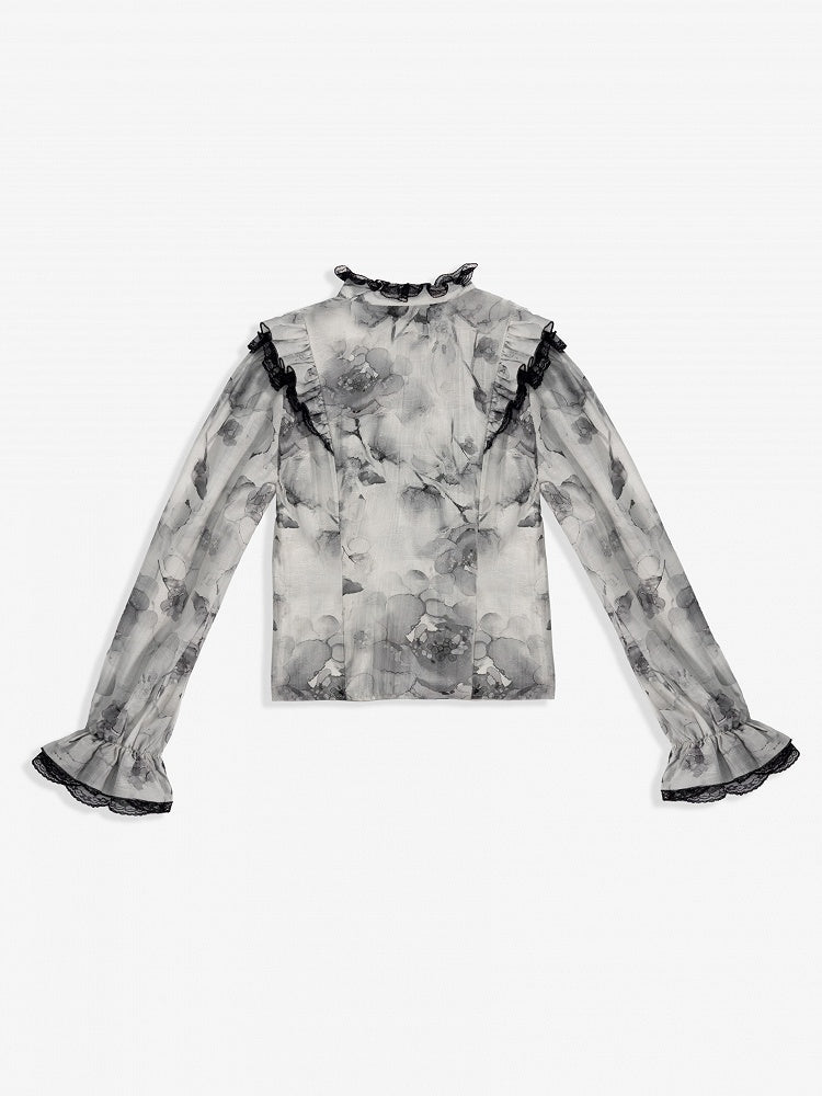 Elegant Gray Floral Jirai Kei Blouse