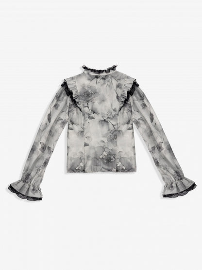 Elegant Gray Floral Jirai Kei Blouse