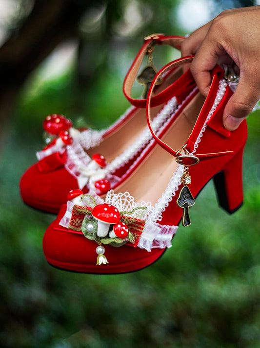 Red Bow Accent Bead and Mushroom 5CM Sweet Lolita Block Heels
