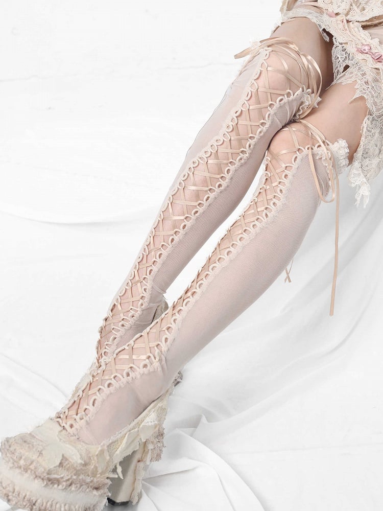 Apricot Lace-up Detail Overknee Stockings