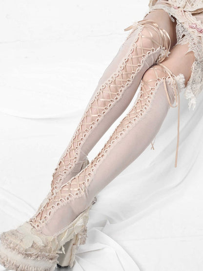Apricot Lace-up Detail Overknee Stockings