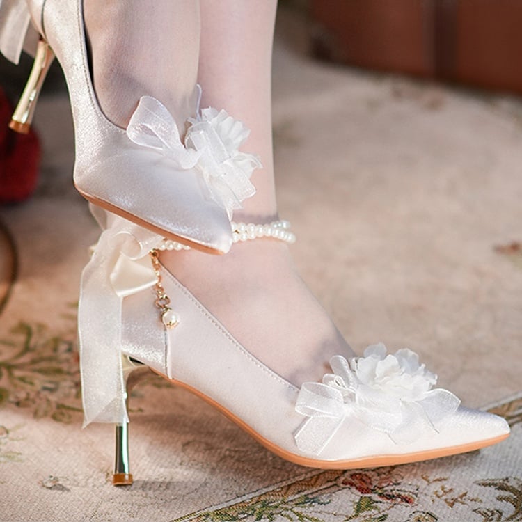 Beige Floral Bowknot Beaded Chain 6CM/8CM Hime Lolita Heels