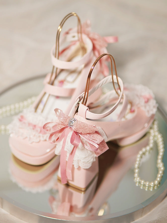 Pink Knotted Bow at Top Lace Trim Heart Buckles High Block Heels
