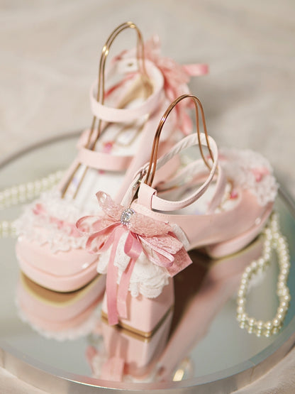 Pink Knotted Bow at Top Lace Trim Heart Buckles High Block Heels
