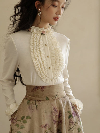 Milk White/Khaki Vintage Floral Ruffled Trim Blouse