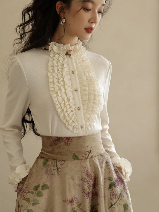 Milk White/Khaki Vintage Floral Ruffled Trim Blouse