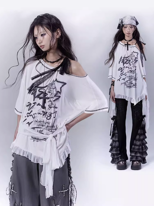 White Asymmetrical Neckline Ruffle Hem Graphic T-Shirt with Self-tie Strap Waist