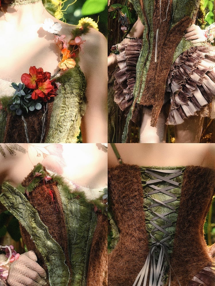Brown and Green Asymmetrical Design Forest Fairy Goth Branch Corset