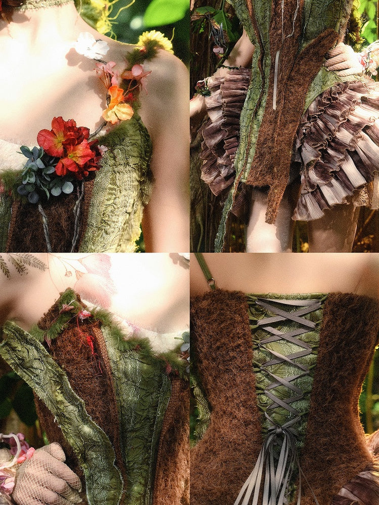 Brown and Green Asymmetrical Design Forest Fairy Goth Branch Corset