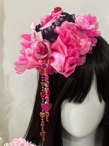 Black&Pink Rhinestone Decorated Floral Design Beaded Chain Lace Trim Mini Hat