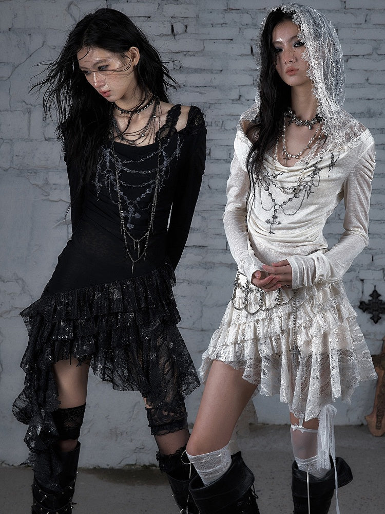 Black/Beige Wasteland Punk Cross Beaded Chain Print Lace Trim Dress