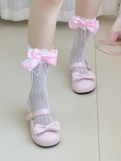 White/Black/Navy Blue/Grey Lolita Bowknot Details Hollow-out Calf Socks