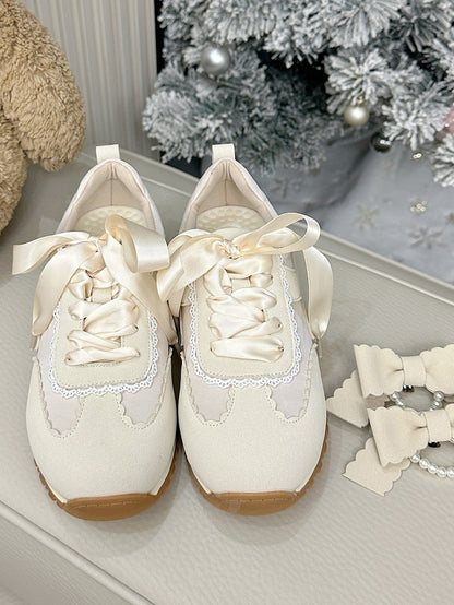 Detachable Bead-Embellished Bow & Functional Lace-Up Apricot Sneakers in Sweet Lolita